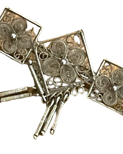 Antique silver filagree fancy flower geometric style dangle brooch C clip
