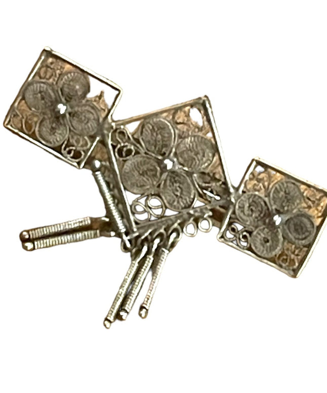Antique silver filagree fancy flower geometric style dangle brooch C clip