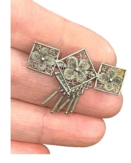 Antique silver filagree fancy flower geometric style dangle brooch C clip