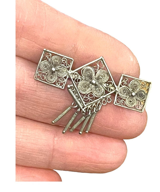 Antique silver filagree fancy flower geometric style dangle brooch C clip