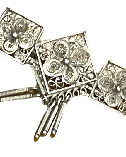 Antique silver filagree fancy flower geometric style dangle brooch C clip