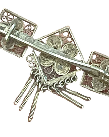 Antique silver filagree fancy flower geometric style dangle brooch C clip