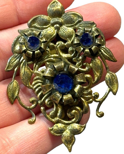 Antique brassy blue crystal flower antiqued fur clip