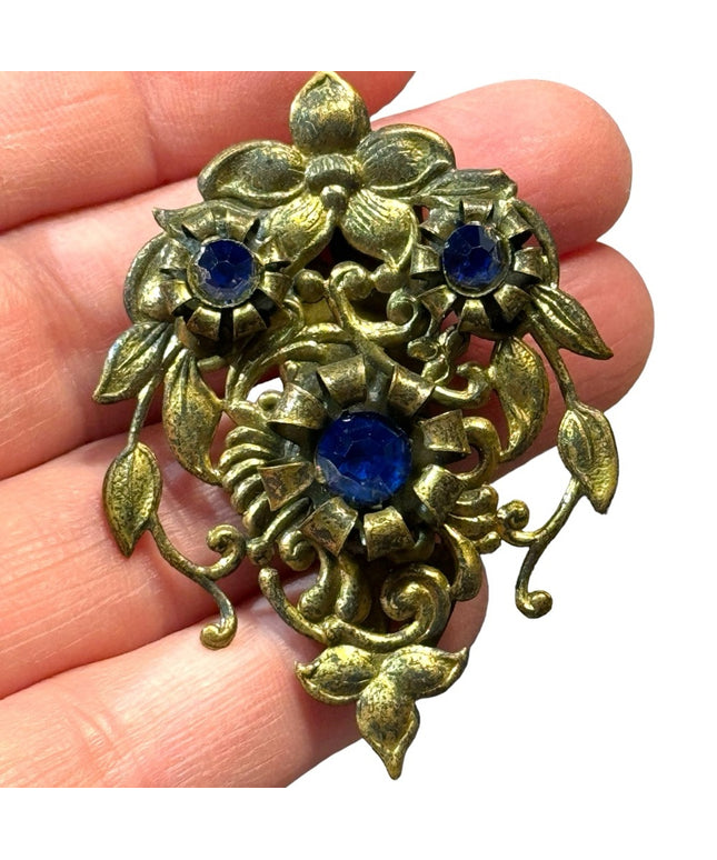 Antique brassy blue crystal flower antiqued fur clip