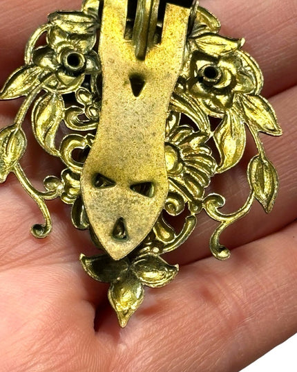 Antique brassy blue crystal flower antiqued fur clip
