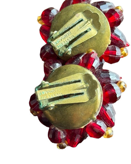 Antique 1920s Plastic red fancy art deco clip on earrings West Germany