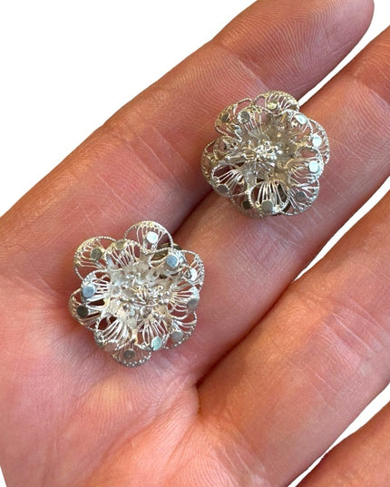 Lovely little silver plate vintage flower filagree clip ons