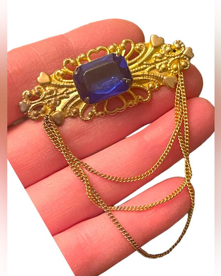 Antique Gold finish Chatelaine Chain blue paste glass brooch hearts CZECH