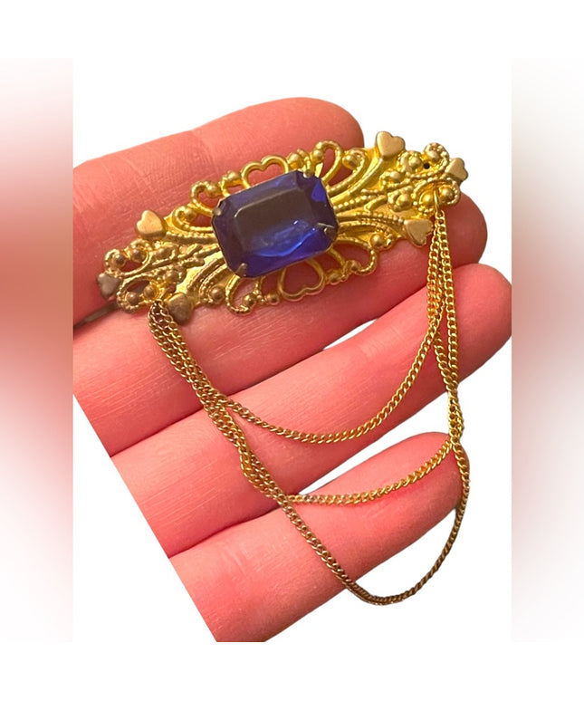 Antique Gold finish Chatelaine Chain blue paste glass brooch hearts CZECH