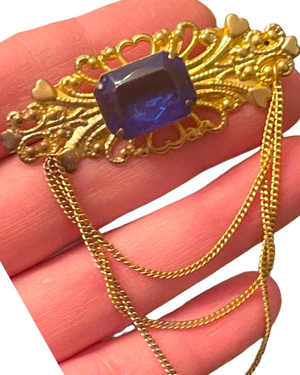 Antique Gold finish Chatelaine Chain blue paste glass brooch hearts CZECH