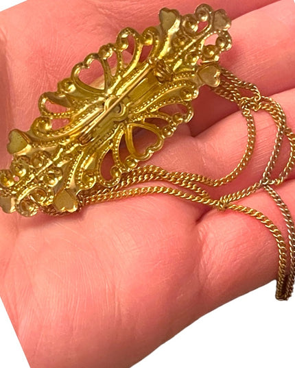 Antique Gold finish Chatelaine Chain blue paste glass brooch hearts CZECH