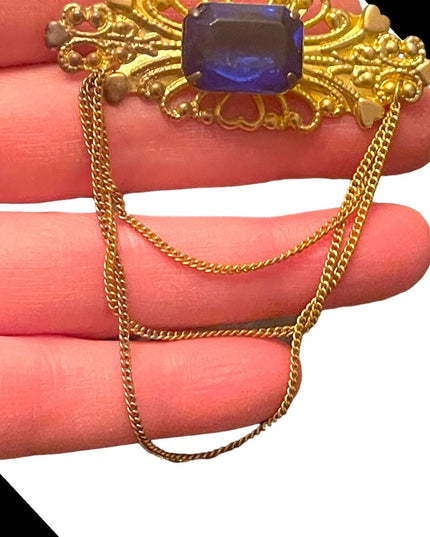 Antique Gold finish Chatelaine Chain blue paste glass brooch hearts CZECH
