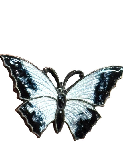 Elegant Antique Stratnoil Black White enamel Butterfly Brooch
