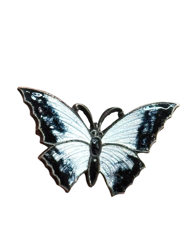 Elegant Antique Stratnoil Black White enamel Butterfly Brooch