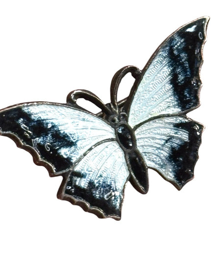 Elegant Antique Stratnoil Black White enamel Butterfly Brooch