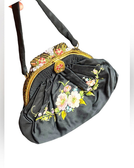 Antique French Black Silky Satin Tambour Embroidered Purse-Beaded Frame