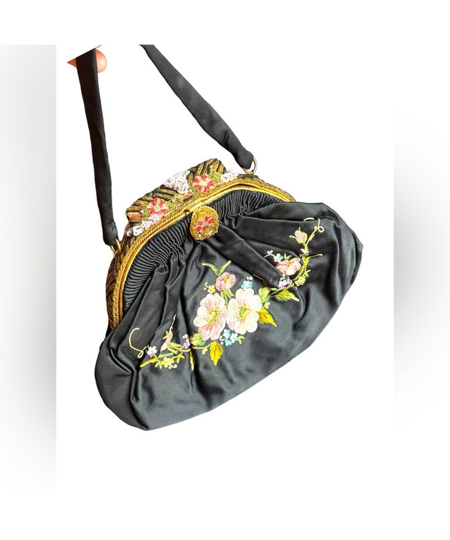 Antique French Black Silky Satin Tambour Embroidered Purse-Beaded Frame