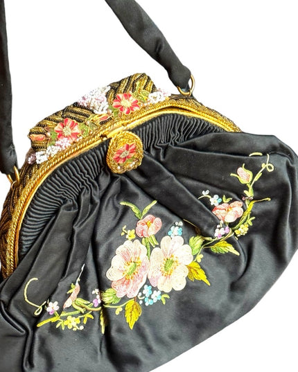 Antique French Black Silky Satin Tambour Embroidered Purse-Beaded Frame