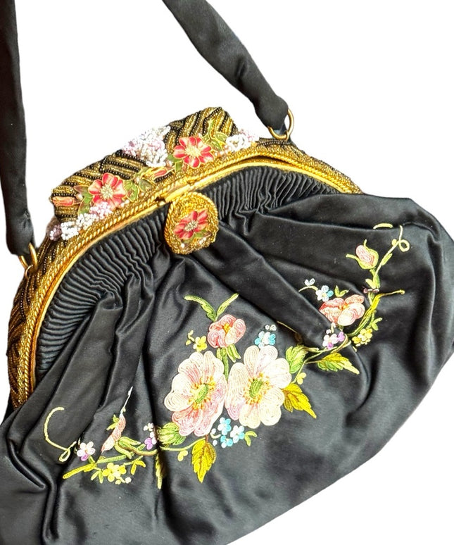 Antique French Black Silky Satin Tambour Embroidered Purse-Beaded Frame