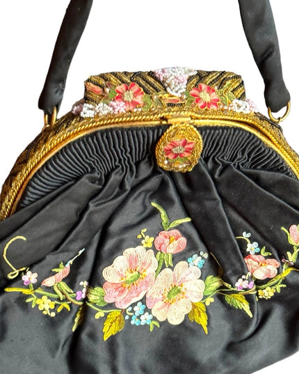 Antique French Black Silky Satin Tambour Embroidered Purse-Beaded Frame