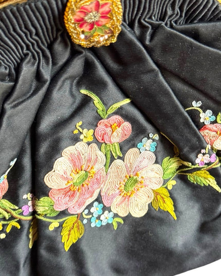 Antique French Black Silky Satin Tambour Embroidered Purse-Beaded Frame