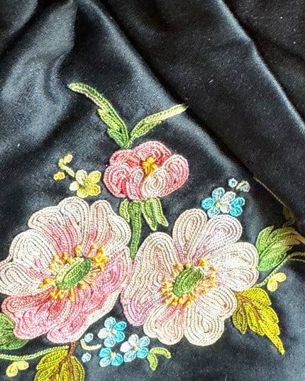 Antique French Black Silky Satin Tambour Embroidered Purse-Beaded Frame