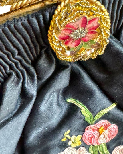 Antique French Black Silky Satin Tambour Embroidered Purse-Beaded Frame