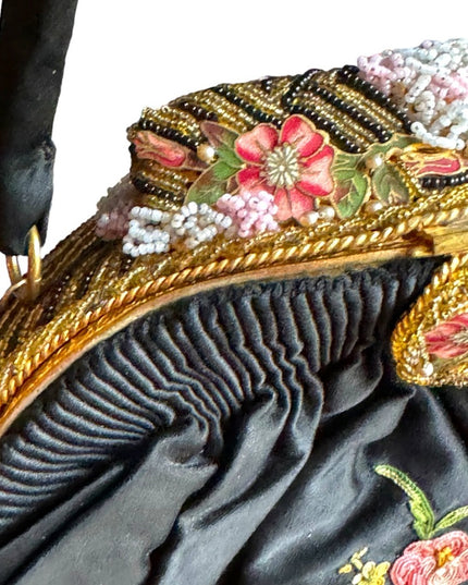 Antique French Black Silky Satin Tambour Embroidered Purse-Beaded Frame