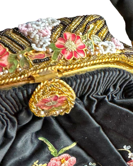 Antique French Black Silky Satin Tambour Embroidered Purse-Beaded Frame