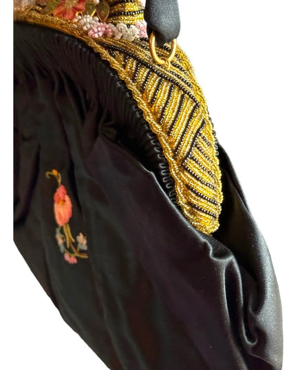 Antique French Black Silky Satin Tambour Embroidered Purse-Beaded Frame