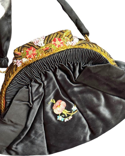 Antique French Black Silky Satin Tambour Embroidered Purse-Beaded Frame