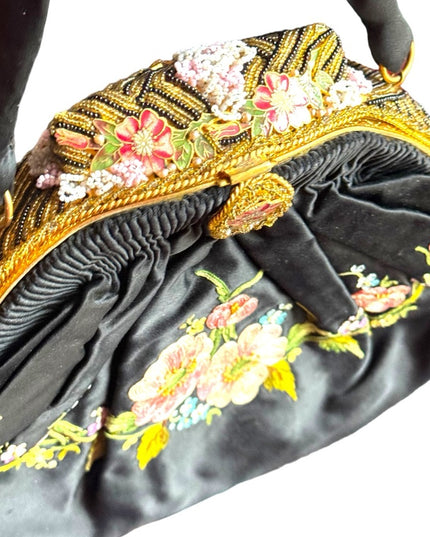 Antique French Black Silky Satin Tambour Embroidered Purse-Beaded Frame