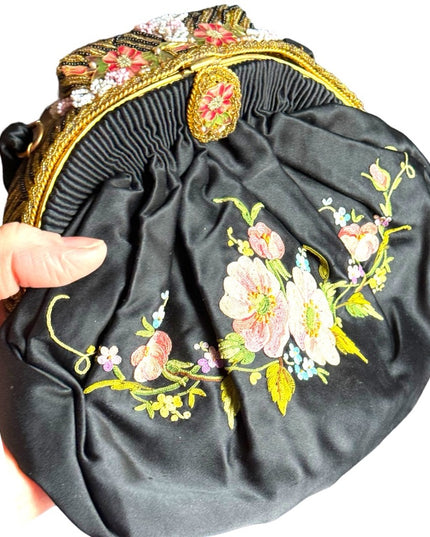 Antique French Black Silky Satin Tambour Embroidered Purse-Beaded Frame