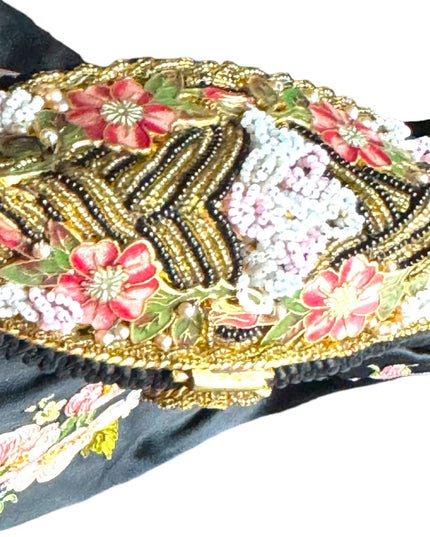 Antique French Black Silky Satin Tambour Embroidered Purse-Beaded Frame