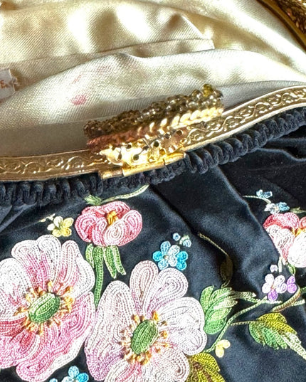Antique French Black Silky Satin Tambour Embroidered Purse-Beaded Frame
