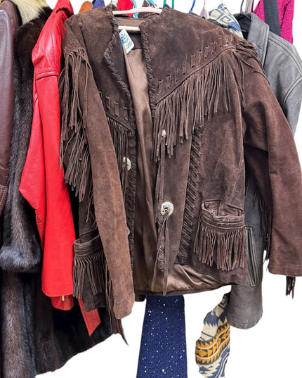 Stunning Heavy Brown Leather Suede Fringe Coat 1970s Southwestern Navajo