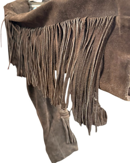 Stunning Heavy Brown Leather Suede Fringe Coat 1970s Southwestern Navajo