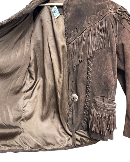 Stunning Heavy Brown Leather Suede Fringe Coat 1970s Southwestern Navajo