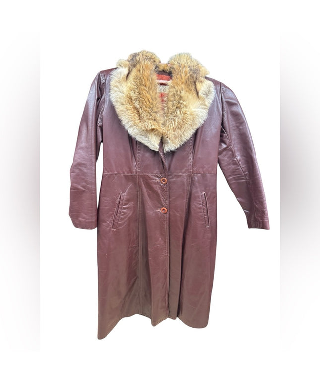 Vintage 1970s Brown Leather Attic Leather Coat /Coyote Fur Collar