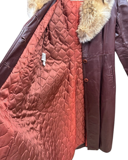 Vintage 1970s Brown Leather Attic Leather Coat /Coyote Fur Collar
