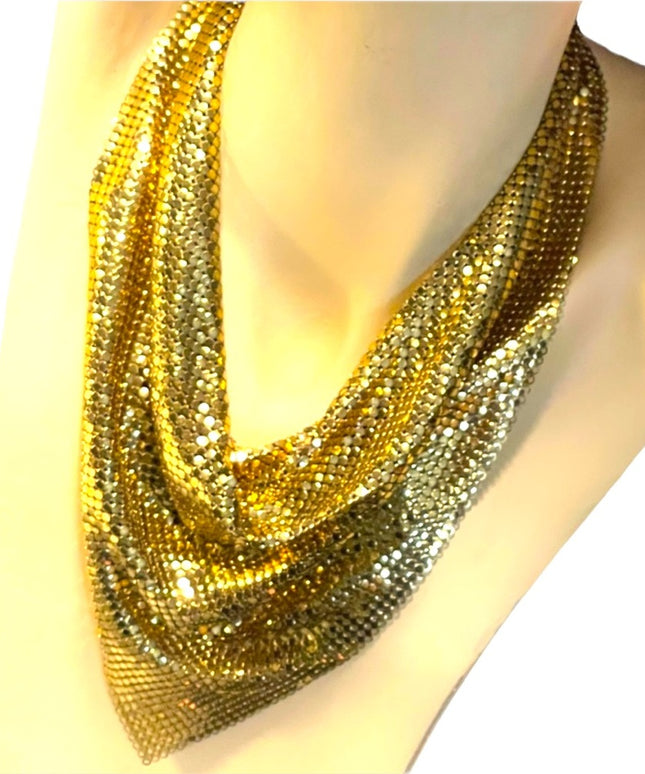 Vintage 1960 Gold metal mesh chain mail Whiting & Davis bib necklace