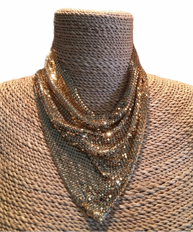 Vintage Whiting & Davis Gold mesh scarf bib necklace metal