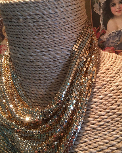 Vintage Whiting & Davis Gold mesh scarf bib necklace metal