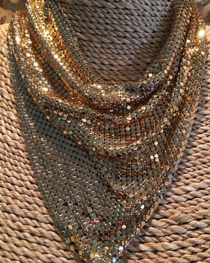 Vintage Whiting & Davis Gold mesh scarf bib necklace metal