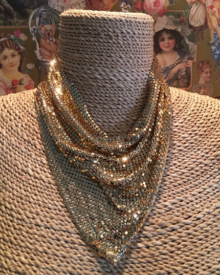 Vintage Whiting & Davis Gold mesh scarf bib necklace metal