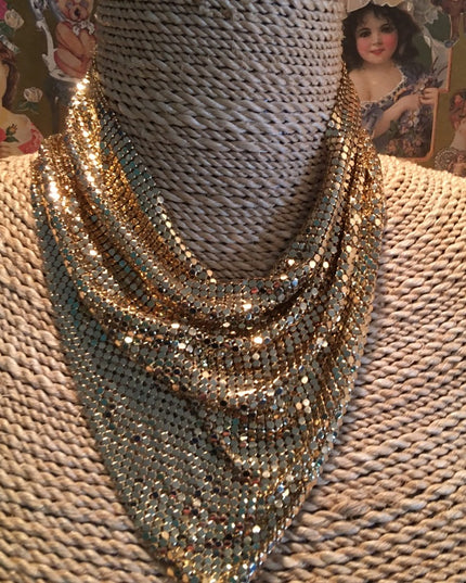 Vintage Whiting & Davis Gold mesh scarf bib necklace metal