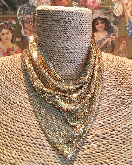 Vintage Whiting & Davis Gold mesh scarf bib necklace metal
