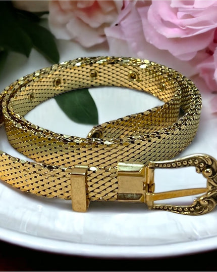 Whiting & Davis Vintage fancy Gold metal mesh belt 40”