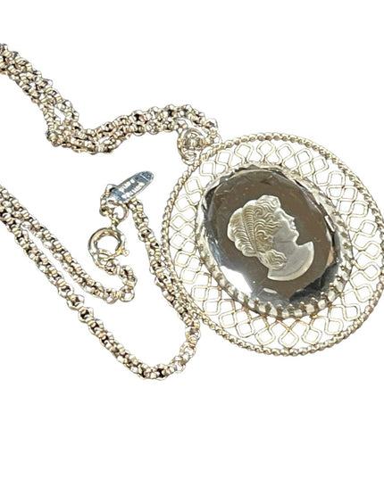 Vintage 1980s Whiting & Davis Intalgio Glass cameo silver finish Cameo necklace