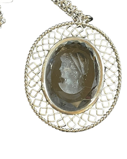 Vintage 1980s Whiting & Davis Intalgio Glass cameo silver finish Cameo necklace
